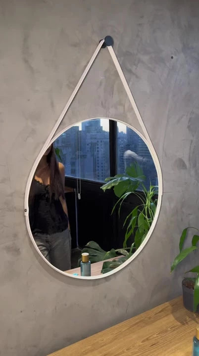 Espelho Adnet Redondo 50cm Com Alça e Suporte Decorativo Para Sala Lavabo Banheiro